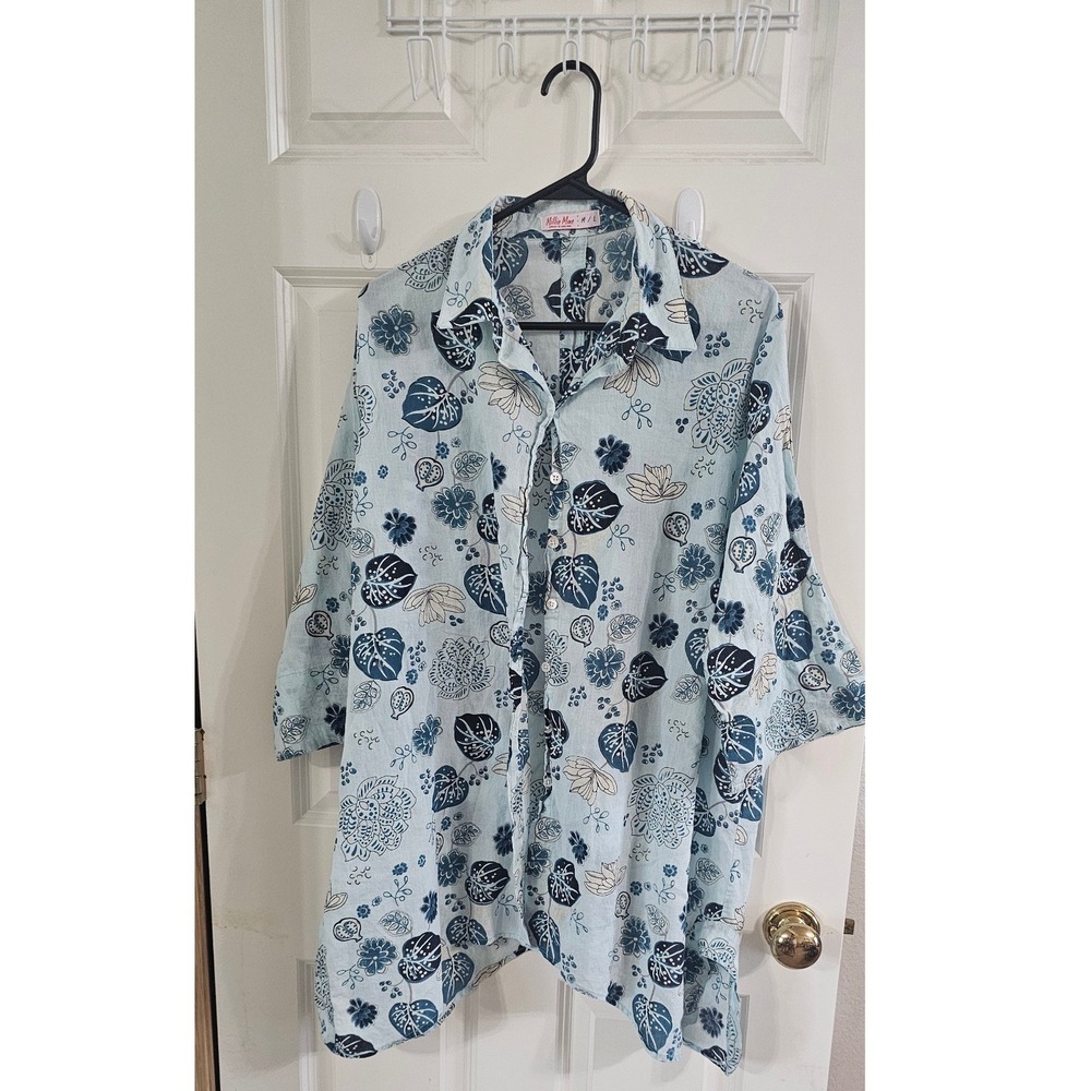 Millie Mae Dorset England Blue Floral Botanical Button Back Tunic Top Womens M/L